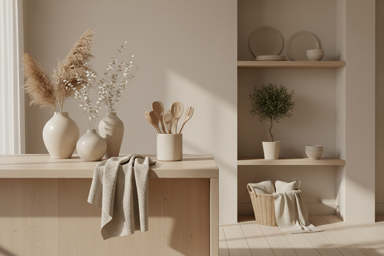 Generate an aesthetic minimalist banner with a cozy home&kitchen theme, soft beige tones, clean layout, and no people